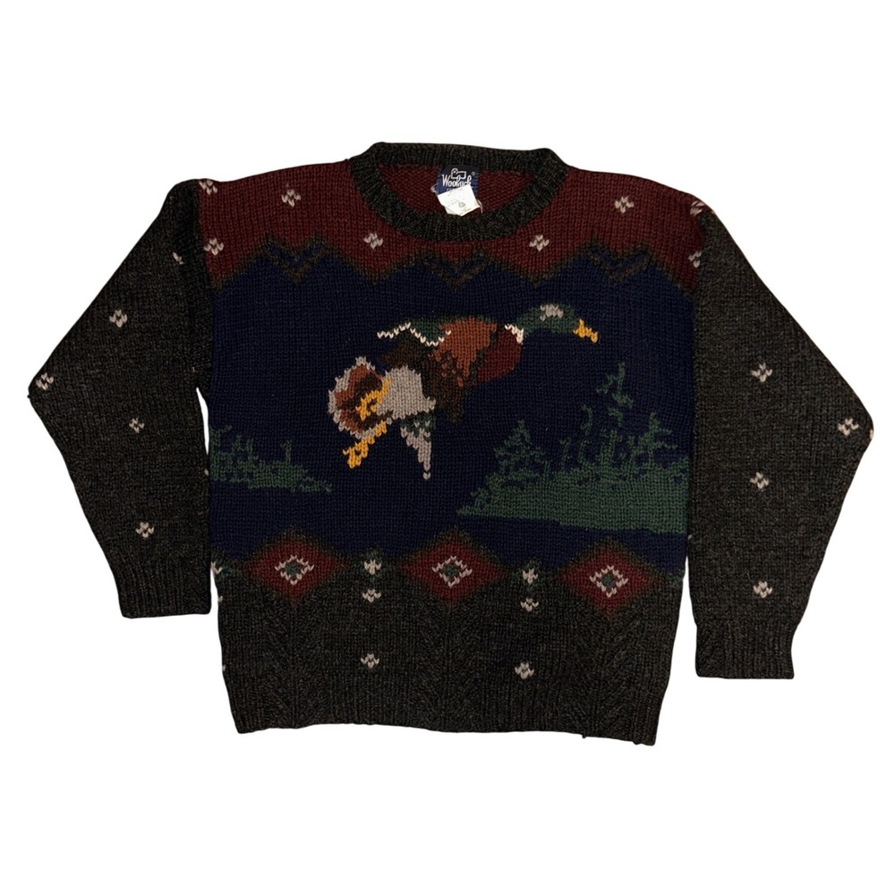 Woolrich Vintage Mens Wool Mallard Duck Scenic Intarsia Knit Sweater Large 9607